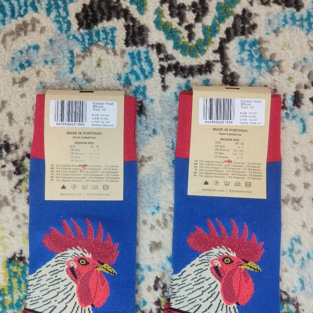 Jimmy Lion NEW‎ Rooster Socks, Lot Of Two Pairs Size Medium